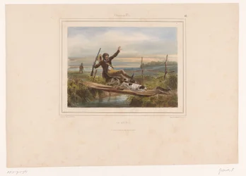Hunter Stumbling on a Narrow Bridge (Hunters with Guns)