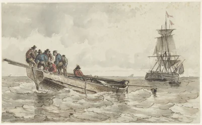 Eight Men in a Rowboat by a Sailing Ship