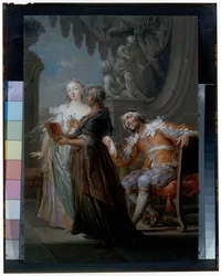 An Elegant Couple with an Old Maid in an Interior