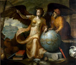 Astrology. Allegory and personification of astrology with astrological instruments and celestial globe