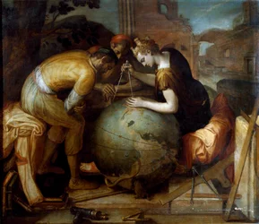 Geometry. Allegory and personification of Geometry holding a compass above a globe. Different geometric instruments are arranged in the foreground. Painting by Frans Floris (1515-1570)
