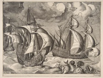 Three Caravels in a Rising Squall with Arion on a Dolphin (from The Sailing Vessels)
