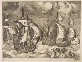Three Caravels in a Rising Squall with Arion on a Dolphin from The Sailing Vessels, 1561-65