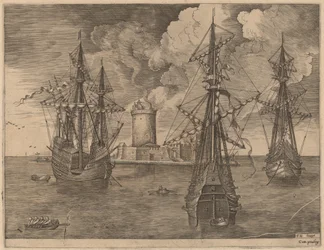 Four-Master (Left) and Two Three-Masters Anchored Near a Fortified Island with a Lighthouse
