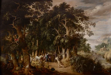 A glade in a thickly wooded landscape with many animals and Orpheus attacked by the Thracian women
