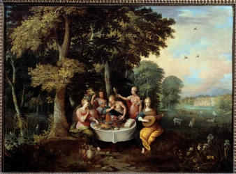 The Five Senses: Young Women in a Landscape with Banquet (Taste), Music (Hear), Mirror (View), Bouquet of Flowers (Smell) and Caress (Touch). Painting by Franz Francken II (1581-1642)