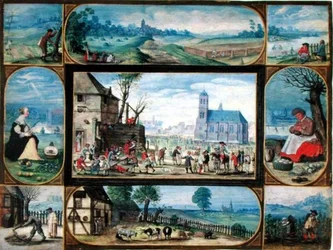 Composite of ten allegorical scenes of life in the town and country