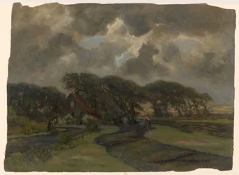House Near Tree Edge and Women with Fishing Nets