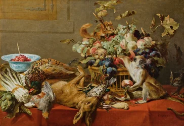Still Life with Fruit, Dead Game, Vegetables, a Live Monkey, Squirrel and Cat
