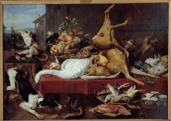 Still life with deer game (pheasant, goose, deer), slice of fish, crab, legumes