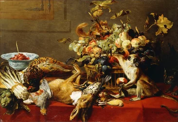 A Basket of Fruit on a Draped Table with Dead Game and a Monkey
