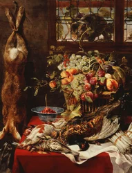 A Larder Still Life with Fruit, Game and a Cat by a Window