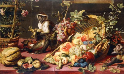 A Spilled Basket of Fruits on a Draped Table with Monkeys