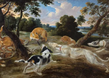 A Fox at Bay Surrounded by Hounds