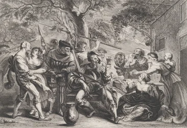 Don Quixote and troops of La Santa Hermandad outside a tavern