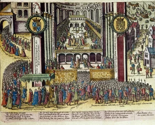Coronation of King James I of England in Westminster Cathedral on 25/07/1603. 1653 Print by Franz Hogenberg