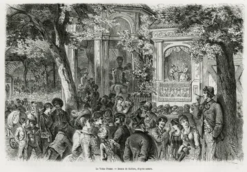 The Volks Prater: popular part of the main Prater, offering numerous distractions, circus, orchestra and puppet show. Engraving by Kollarz, to illustrate the story Vienna and its suburbs, by M. Newlinski, in 1881, published in the Tour du monde