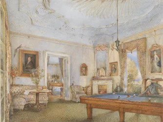 Biedermeier Interior with a Gentleman Playing Billiards