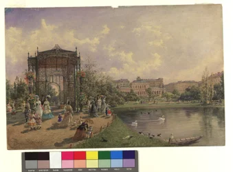 In the city park. Detail with iron pavilion on the left and Kursalon in the background