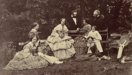 Group Portrait of Four Women, Two Men and Three Children in a Garden, 1850s-60s