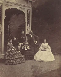 Portrait of Three Women and Men in a Garden, 1850s-60s