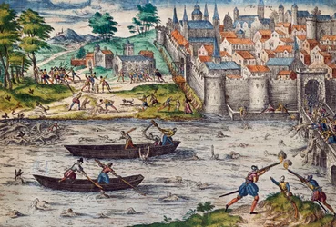 Massacres of Tours, July 1562 during Wars of Religion against Huguenots, engraving by Franz Hogenberg