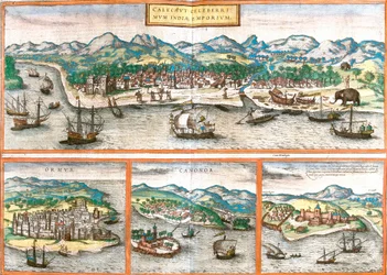 Views of Kozhikode or Calicut (India), Ormuz (Iran), Cannanore or Kannur (India) and St. George of the Mine or Elmina (Ghana)