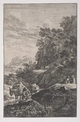 Plate 1: a peasant checking the hoof of his mule by a stream, from Landscapes, ca. 1700-25
