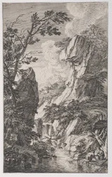 Two Fishermen on the Bank of a Stream at Right, a Waterfall at Center