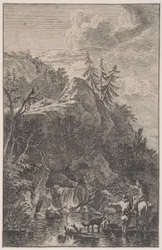 Plate 5: Female Figure on Horseback and a Male Figure with a Dog Standing in a Street