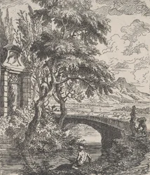Two figures at right about to cross a stone bridge, a fisherman in the foreground
