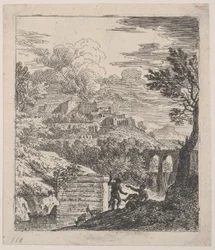 Two shepherds resting next to a pedestal, an aqueduct at right in the background