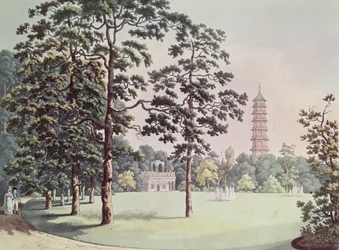 A View in Kew Gardens of the Alhambra and Pagoda, engraved by Heinrich Joseph Schutz, c.1798
