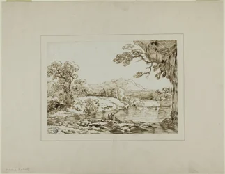 Landscape with River, Distant Hills, and Figures Fishing in Foreground
