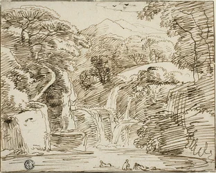 Nymphs Bathing near Waterfalls in Mountain Landscape