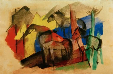 Three Horses in Landscape with Houses