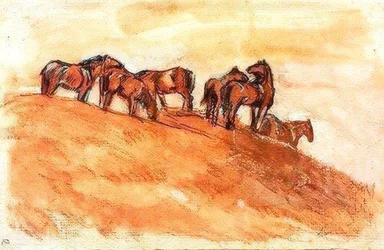 Horses standing on a mountain height against the sky