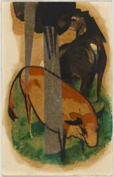 Red Horse and Yellow Cow (Black-Brown Horse and Yellow Cow), Postcard from Sindelsdorf to Alfred Kubin in Wernstein/Zwickledt