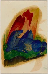 Two Blue Horses in Front of Red Rock, Postcard from Sindelsdorf to Wassily Kandinsky in Munich
