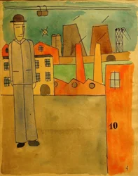 Man with Hat Next to Factories