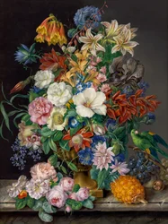 Flower Piece with Pineapple, Grapes, and Parrot