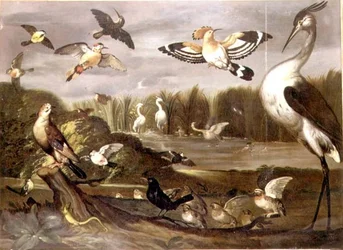 River Landscape with a Jay, a Stonechat, a Mallard, a Wagtail and Other Birds