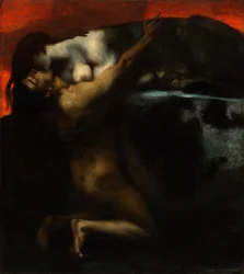 The Kiss of the Sphinx - Painting by Franz Ritter von Stuck (1863-1928) - 1895 - 160 x 144.8 - Museum of Fine Arts, Budapest