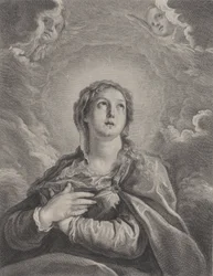 The Virgin, hands folded on her chest, looking upwards