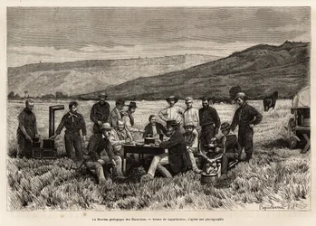 The geological mission of the United States is young in the plain, etched after the drawing by Laguillermie, illustrating a set of geographic missions through the United States National Park, from 1870 to 1872, by gentlemen Hayden, Doane and Langford