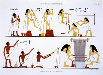 Spinning Thread and Weaving, from a Rare Record of Frescoes from Thebes, recorded 1819-1822 on his second visit to Egypt by Frederic Cailliaud