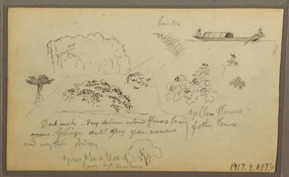 Drawing, Church, Towers; Verso: Figures in Canoe, Botanical Sketches, 1857