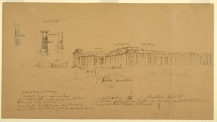 Doric Greek Temples of Athena (formerly Ceres), Hera II (formerly Neptune), and Hera I (formerly Basilica), Paestum, Salerno, Italy, April 1869