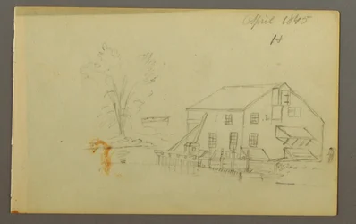 Loft building with wharf beside a stream, 1845
