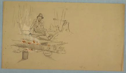 Man camping in the woods, ca. 1855